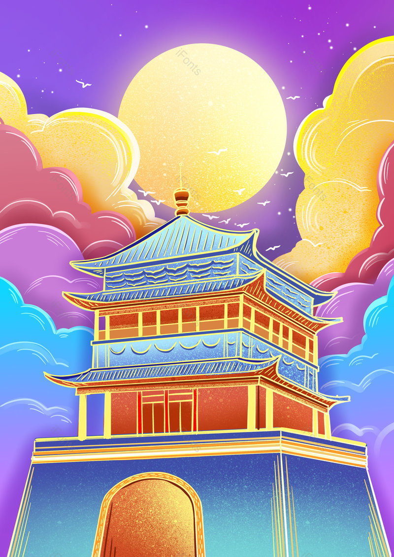 中国风国潮手绘建筑景点背景设计,插画/手绘图,插画/手绘图库,插画/手绘图下载,插画/手绘
